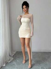 YHHSHEIN Raffinéa Vestido apricot brillante y transparente para mujer, vestido mini ajustado con manga larga, transparente, con volantes verticales, adecuado para fiestas de solteros, fiestas de vacaciones, galas de noche, eventos de boda y otras ocasionesYHH - Albaricoque - Ver 4