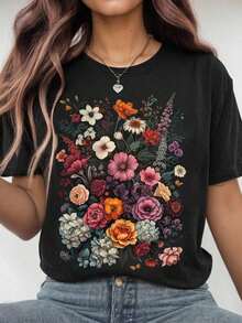 Women's T-Shirt With Christian Phrase And Flowers, Casual Loose Fit, Short Sleeve, Ideal For Everyday Wear And Gifts - 黑色 - 查看 7