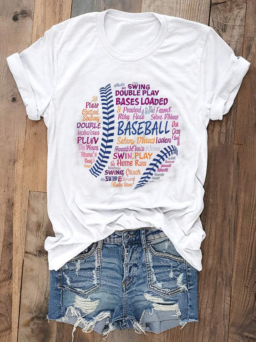 Camiseta Gráfica de Béisbol para Mujer - Manga Corta, Diseño de Puntadas Coloridas, Suave y Cómoda, Lavable a Máquina, Ideal para Looks de Primavera y Verano - Negro - Ver 1