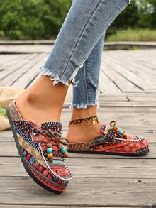 New Thick Sole Soft Surface Women's Sandals, Bohemian Style, Beach Vacation Home Travel, Slip-On Sandals Slippers - Red - View 3