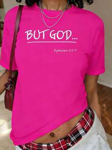 Quick-Drying And Soft T-Shirt For Men And Women, With "BUT GOD Ephesians 129" Bible Print, Sweat-Absorbent, Christian Clothing For Gym, Church, Casual Wear, Short-Sleeve Crew Neck T-Shirt For Summer And Spring, Women's Clothing - 玫紅色 - 查看 1