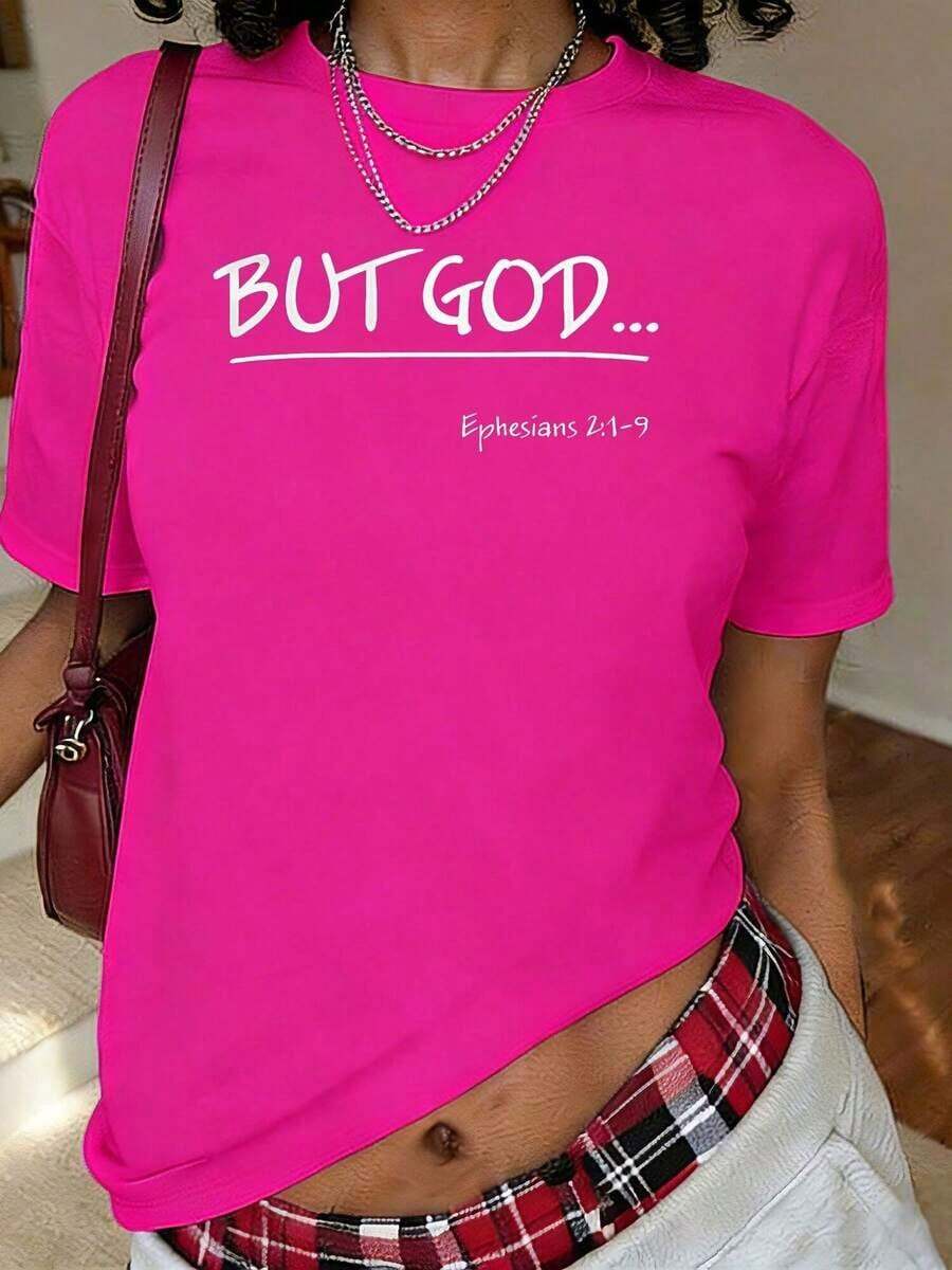 Quick-Drying And Soft T-Shirt For Men And Women, With "BUT GOD Ephesians 129" Bible Print, Sweat-Absorbent, Christian Clothing For Gym, Church, Casual Wear, Short-Sleeve Crew Neck T-Shirt For Summer And Spring, Women's Clothing - 玫紅色 - 查看 1