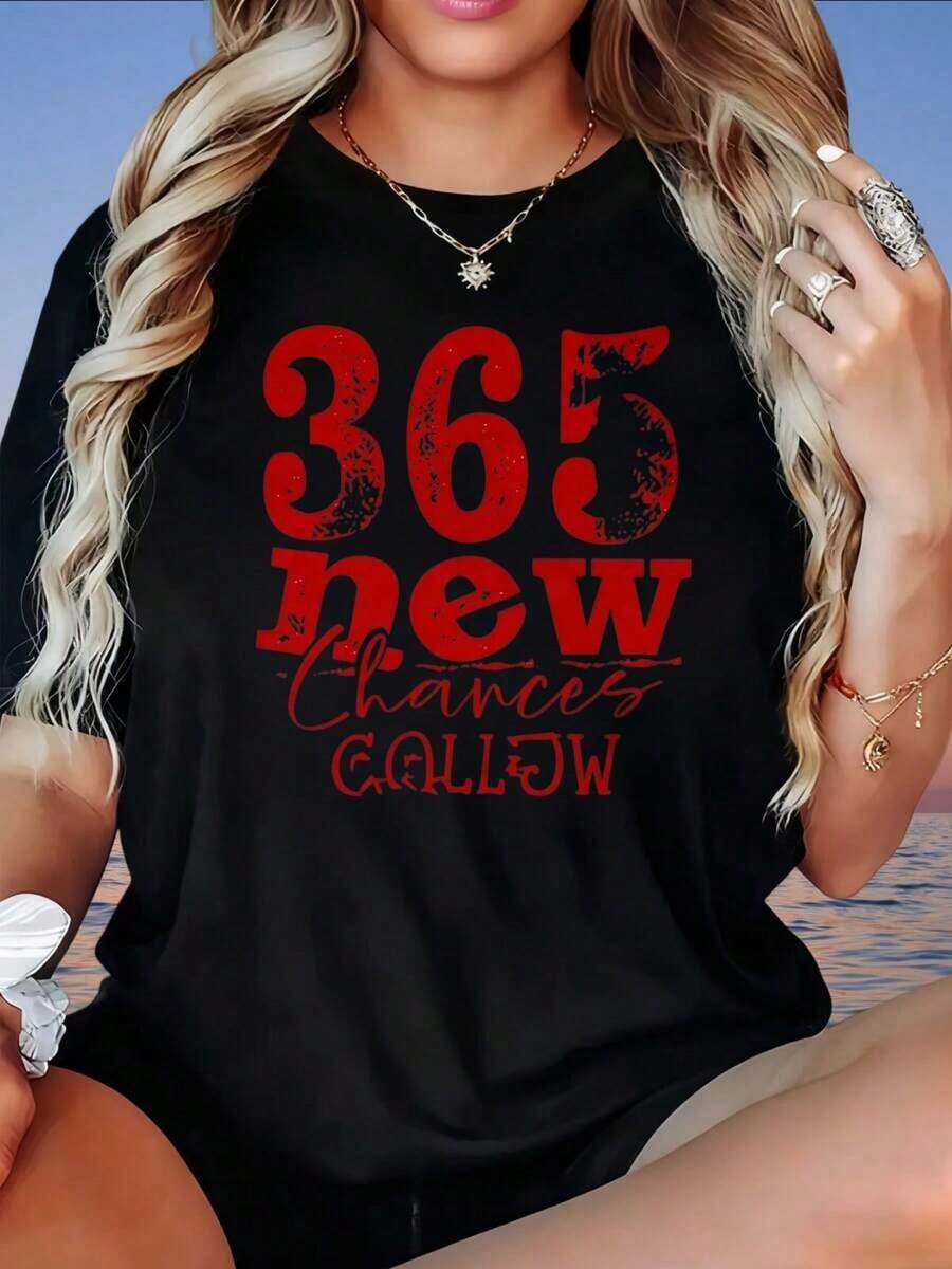 Graphic365 New Chances Callow Camiseta Blanca para Mujer con Frase Motivacional, Camiseta Gráfica, Top Casual de Verano, Camiseta para Mujer - Negro - Ver 1