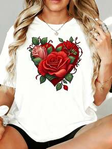 Camiseta Casual para Mujer con Estampado de Corazón y Rosa, Corte Holgado, Manga Corta, Diseño Gráfico, 220g, para Ocio, Hogar, Aire Libre, Regalo para el Día de San Valentín, 100% Algodón, Duradera - Blanco - Ver 1