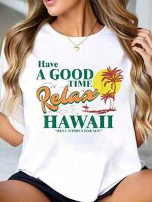 Boys' 100% Cotton Retro "Have A Good Time Relax Hawaii Beach Summer Vibes" Print T-Shirt, Crew Neck Summer Top, Soft Short-Sleeved Top For Women, Stylish And Comfortable Women's T-Shirt, Graphic Tees, Casual Black Graphic Tee, Adorned With Colorful Symbolic Elements, Regular Fit Crew Neck, Unisex Summer Top, Fun Clothing, Energetic Design, Machine Washable, Durable Fabric, Satirical Clothing, Whimsical Clothing, Durable And Resistant, A Must-Have For Lovers Of Satirical Humor. RVL2 Suitable For Spring, Summer And Autumn - 白色 - 查看 7