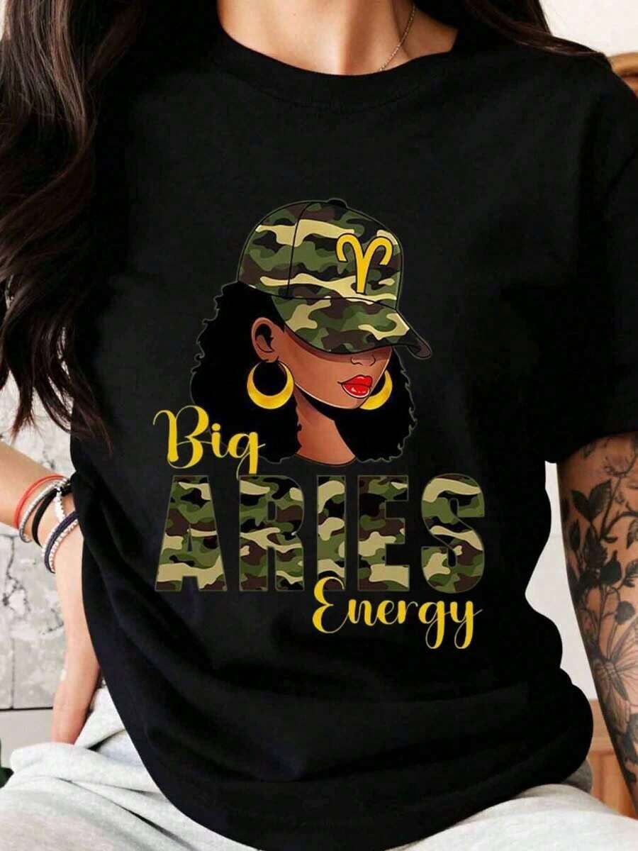 Camiseta Gráfica para Mujer con Estampado de Camuflaje Energía Aries, Camiseta de Moda con Signo del Zodíaco para Mujer, Ropa Casual, Idea de Regalo para Celebración de Cumpleaños de Aries, Camiseta de Mujer - Negro - Ver 1
