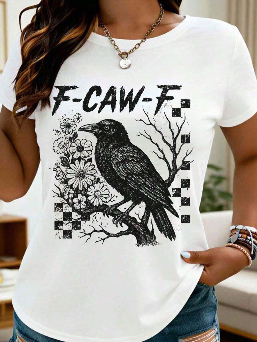 Women's Graphic Print T-Shirt With Crow, Flowers, And Branches, Casual Summer Top, Gothic Style, Cute Animal Print T-Shirt For Girls, Unisex Fashion Clothing, Gift For Halloween Or Birthday - 白色 - 查看 1