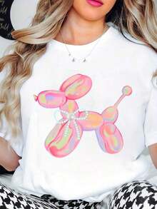 Camiseta con Estampado de Perro Globo Colorido para Mujer, Atuendo Casual de Verano, Divertida y con Diseño Perfecto para Uso Diario y Fiestas - Blanco - Ver 6