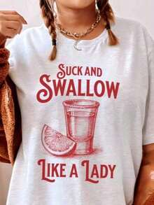Cheeky T-Shirt "And She Eats It Like A Lady", Inappropriate T-Shirts For Women, Unbalanced T-Shirt, Offensive And Embarrassing T-Shirts, Funny Gift, Funny Graphic T-Shirts For Men And Women, Loose Casual Crew Neck T-Shirts - 白色 - 查看 1