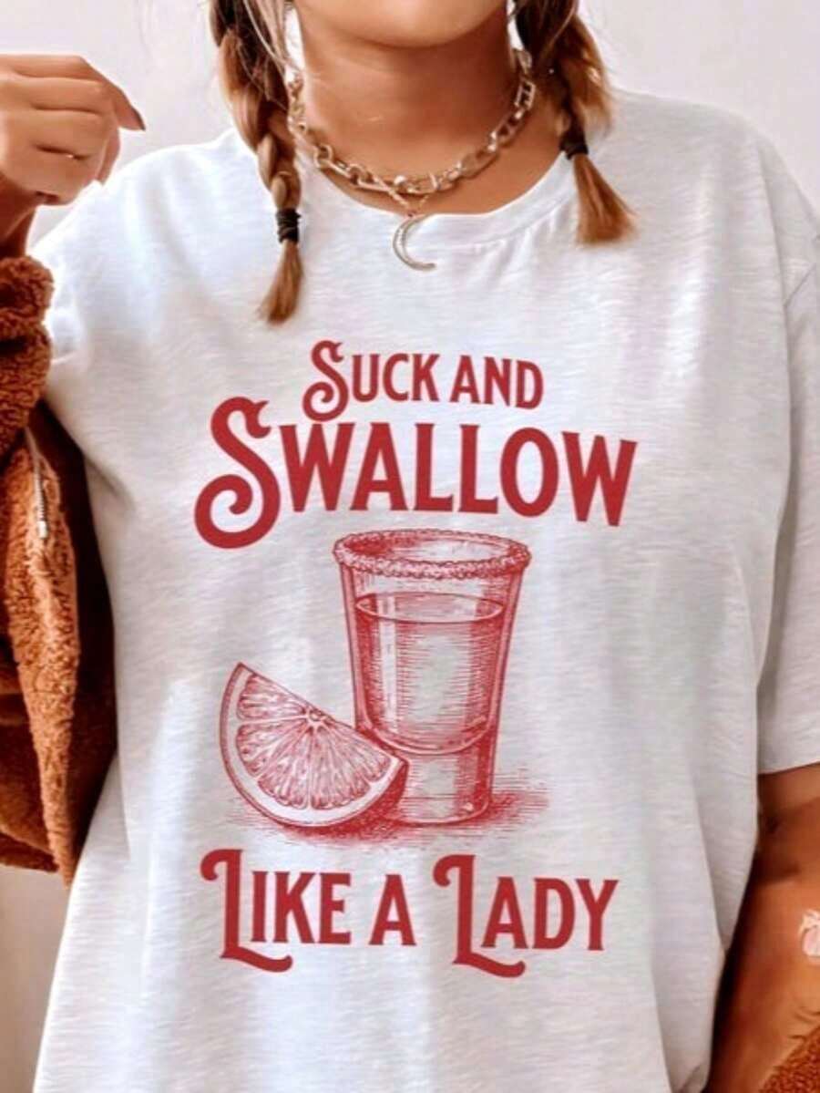 Cheeky T-Shirt "And She Eats It Like A Lady", Inappropriate T-Shirts For Women, Unbalanced T-Shirt, Offensive And Embarrassing T-Shirts, Funny Gift, Funny Graphic T-Shirts For Men And Women, Loose Casual Crew Neck T-Shirts - 白色 - 查看 1