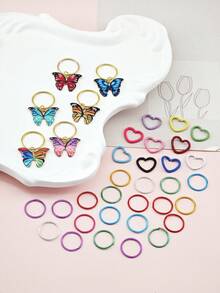 36 Stücke buntes, bohemisches Haarschmuckset - Regenbogen Schmetterling, Kreis & Herz Anhänger auf verstellbaren Metallringen für Dreadlocks und Zöpfe, Sommer Festival Haarschmuck für Mädchen - Gemischte Farbe - Übersicht 4