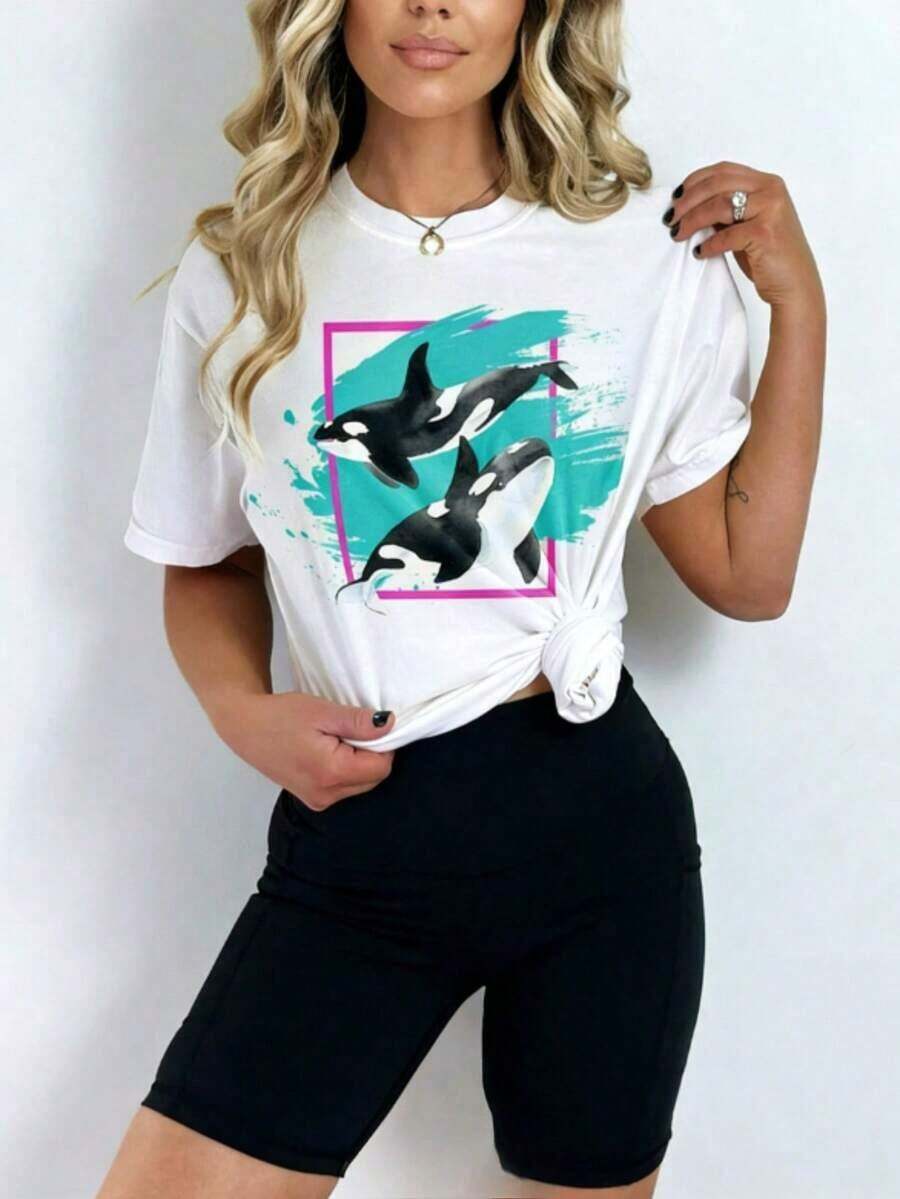 90s Artsadd Orca Design T-Shirt, Retro Ocean Conservation Tee, Y2K Environment Tee, Vintage Save The Orcas Print Tee, Casual Cotton Crew Neck T-Shirt For Spring And Summer, Super Soft, Breathable Summer Tee - Perfect Gift For Easter, St. Patrick's Day, Valentine's Day, Mother's Day For Mom, Partner, Family And Friends, Women's Tops T-Shirts. Women's Tops T-Shirts - 風格 - 查看 1
