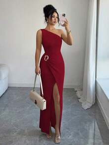 Nuevo vestido maxi de mujer de unicolor y sexy con hombro asimétrico, retorcido y fruncido, con cuello asimétrico, textura de punto y estilo ajustado, con diseño retorcido y con abertura, atuendo elegante para mujer, vestido para fiesta de primavera/verano, vacaciones, San Valentín - Gris - Ver 12