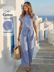 Conjunto de 2 piezas de top de manga corta de cuello redondo a rayas y pantalones para mujeres, conjunto de ropa de vacaciones de 100% algodón, apto para devolución y reembolso, vestidos casuales de verano para mujer, conjunto informal de verano para mujer - Negro - Ver 11