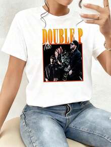 Artistic Image Showcasing The Energy Of A Musical Group With Bright Typography In Orange Tones And A Dark Background, Symbolizing Power, Unity, And Passion For Music. Women's 100% Cotton T-Shirt, Comfortable With A Modern Cut, Ideal For Everyday Wear And Expressing Urban Style. Comfortable Clothing. - 白色 - 查看 1
