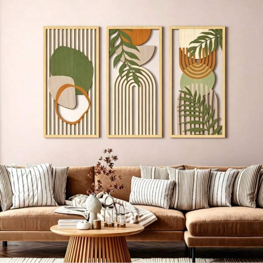 3pcs Bohemian Style/Sage Green Abstract Wooden Wall Art Decor, Bohemian, Minimalist, Geometric Wooden Wall Sculpture, Modern Art Neutral Style Wall Decor, Wall Hanging Floral Line Decoration, Suitable For Living Room, Bedroom, Office.. Art Wall, Room Decor, Birthday Gift, Room Decor, Home Decor, Back To School! - Multicolor - View 1