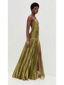 Metallic Pleated Halter Maxi Dress, Ruched Waist With Front Slit, Elegant Evening Gown For Prom & Weddings - Gold - View 4