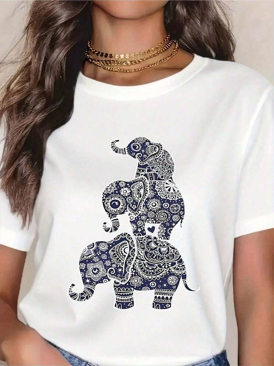 PremiumElephant Stack Mandala Design Wo's White T-Shirt - Boho Animal Print Casual Top For Everyday Wear, Yoga, Travel, And Festival OutfitsGift Idea - 白色 - 查看 1