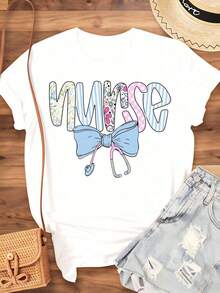 Women's Cotton T-Shirts, Nurse T-Shirt With Floral And Striped Design, Bow And Stethoscope, Gift For Nurses, Health Workers, Medical Professionals, For Nurse's Day Or Career Celebration, Basic Women's Blouses. - 白色 - 查看 3
