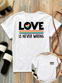 New 180g Short-Sleeved T-Shirt, 1% Cotton, With Front And Back Print - LOVE IS NEVER WRONG, Hearts - Fashionable Printed T-Shirt For Women, Short-Sleeved, Suitable For All Seasons, Modern Clothing - Can Be Worn As A Base Layer In Spring And Autumn Or Alone In Summer, Unisex. - 白色 - 查看 1