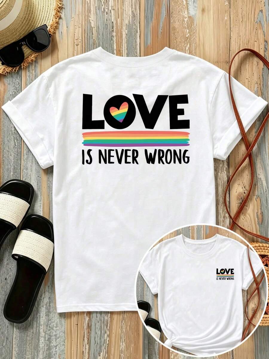 New 180g Short-Sleeved T-Shirt, 1% Cotton, With Front And Back Print - LOVE IS NEVER WRONG, Hearts - Fashionable Printed T-Shirt For Women, Short-Sleeved, Suitable For All Seasons, Modern Clothing - Can Be Worn As A Base Layer In Spring And Autumn Or Alone In Summer, Unisex. - 白色 - 查看 1