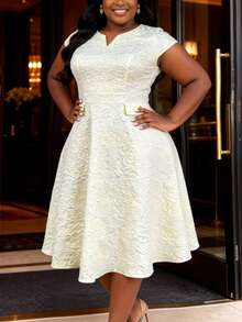 Plus Size Women's Apricot Jacquard A-Line Dress, V-Neck With Flutter Sleeves, Elegant Wedding Guest Evening Party Homecoming Dress New Style Fall - Apricot - View 2