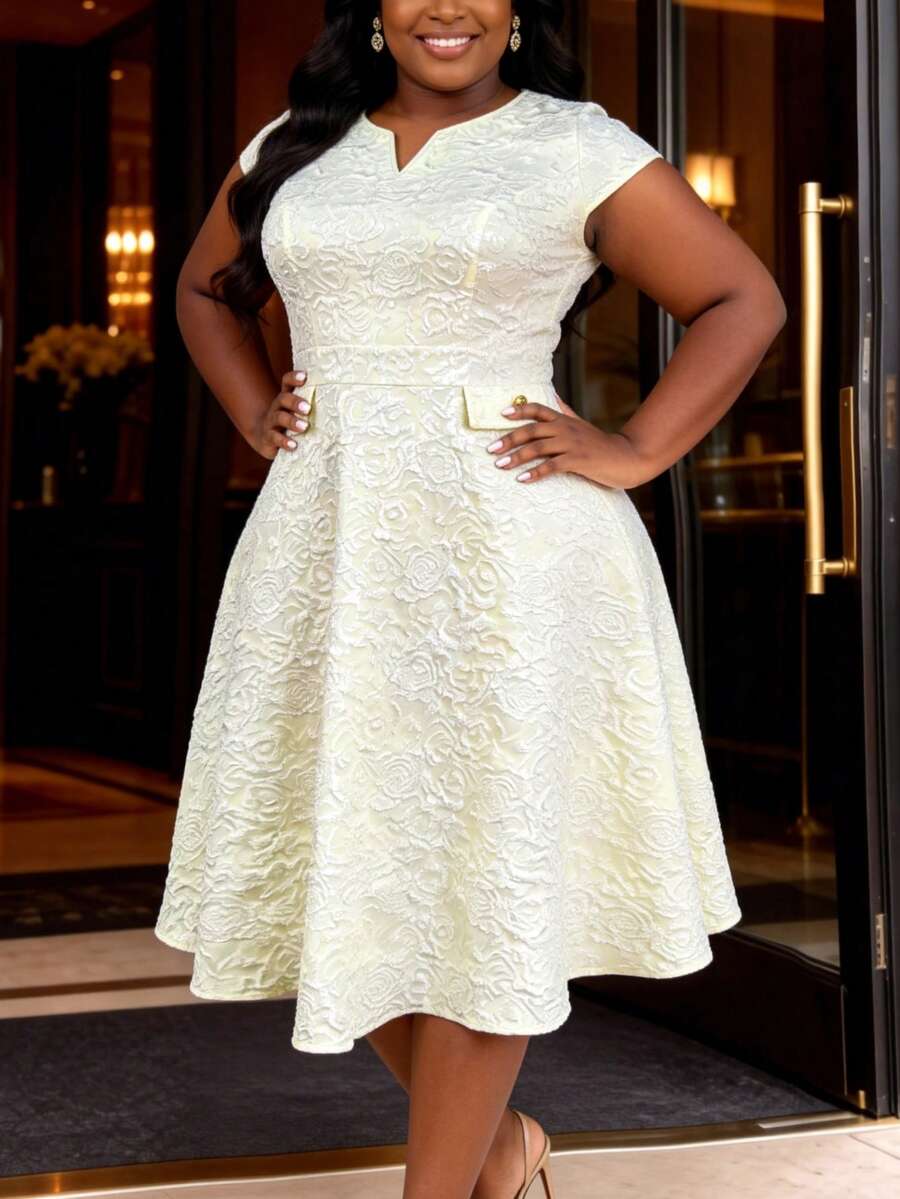 Plus Size Women's Apricot Jacquard A-Line Dress, V-Neck With Flutter Sleeves, Elegant Wedding Guest Evening Party Homecoming Dress New Style Fall