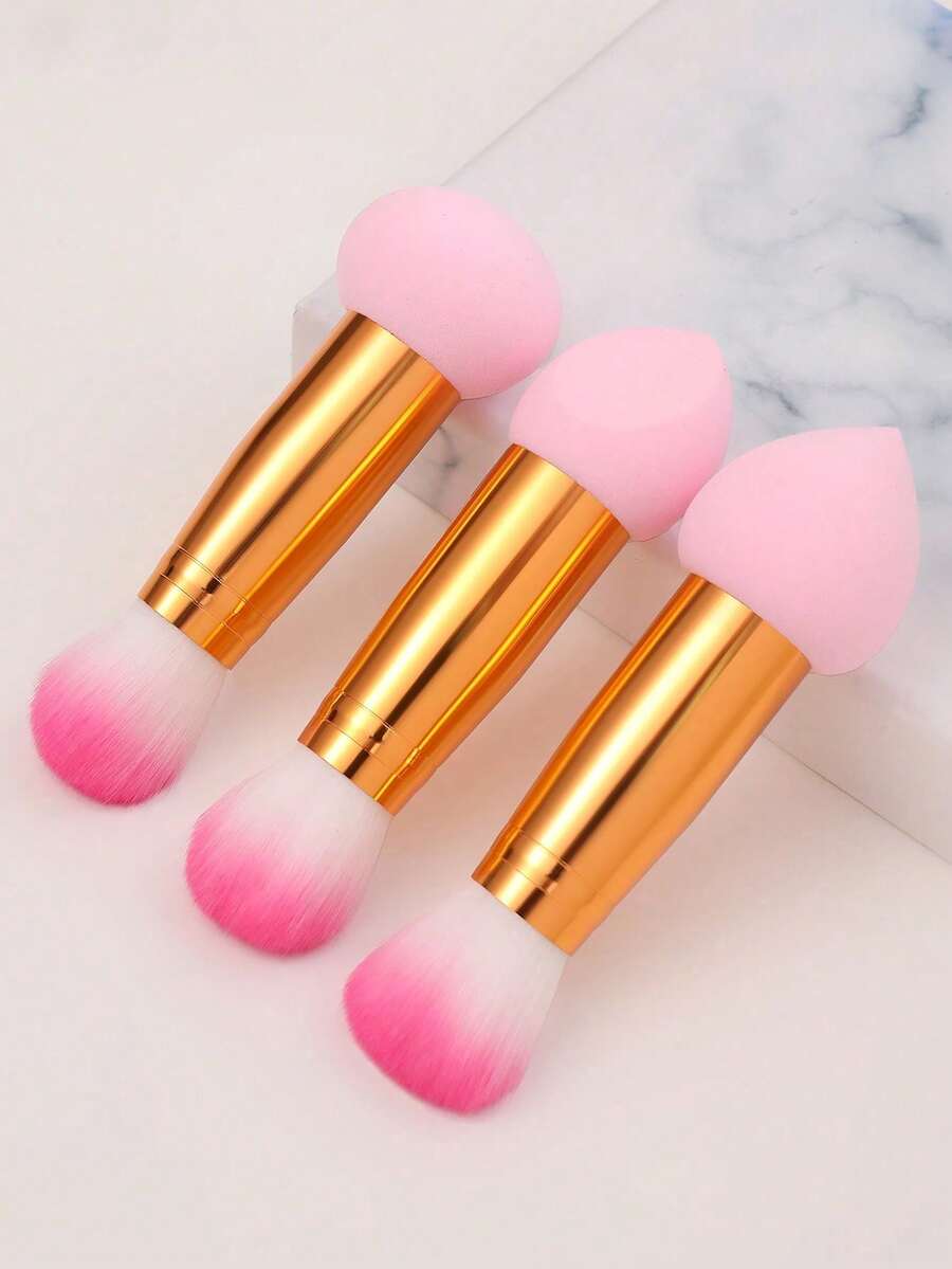 Set de 3 piezas de herramientas de maquillaje profesionales de doble extremo. El diseño de doble extremo es multifuncional, adecuado para la aplicación de base/corrector/polvo. Esencial de belleza práctico para viajar, un set de regalo perfecto para artistas de maquillaje y principiantes. - Rosa - Ver 1