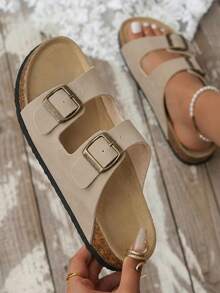 Women's Sandals Flats Soft Open Toe Summer Slide With Adjustable Buckle Slippers Shoes - 灰色 - 查看 1