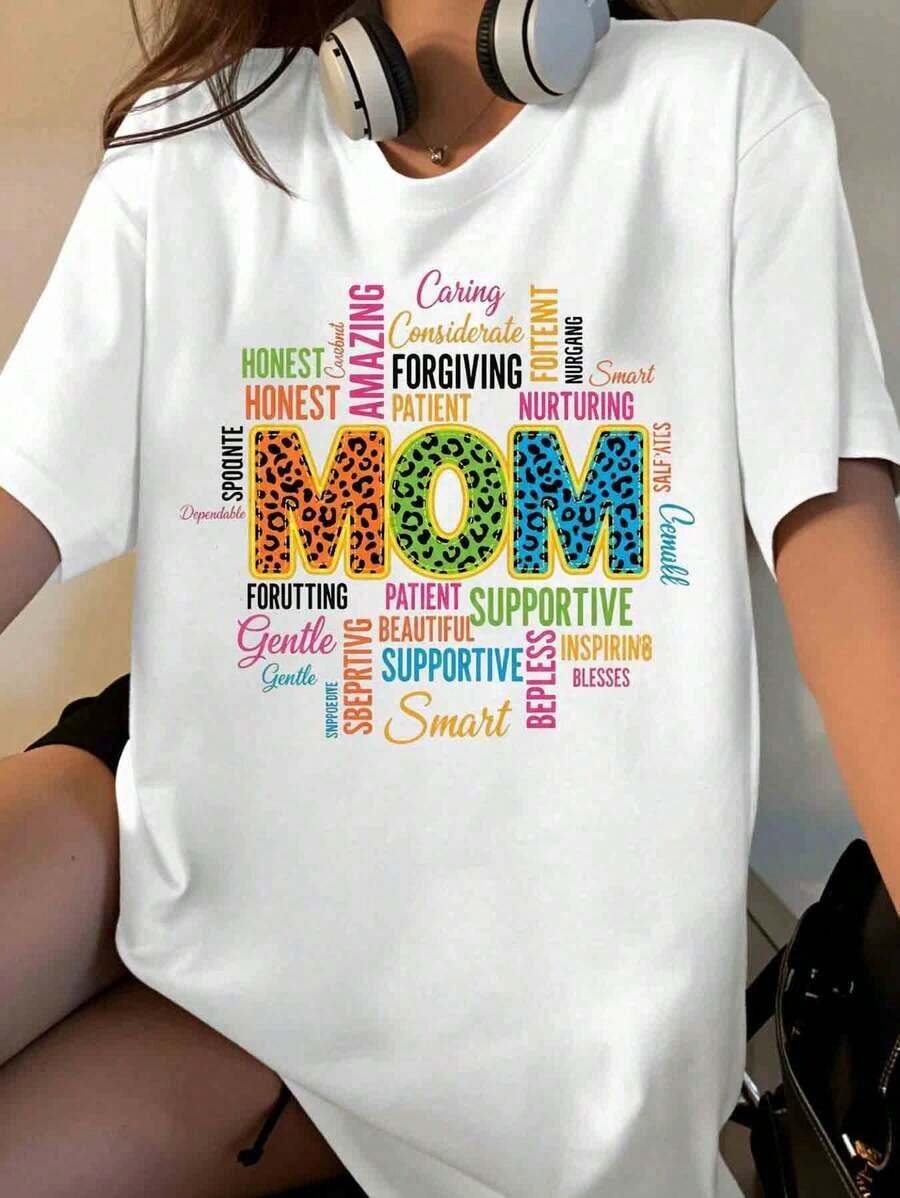 Mom T-Shirt With Inspirational Words For Mother's Day Gift, For Mom And Women, "I Love Mom" T-Shirt, Cute Mom T-Shirt For Family Moments And Everyday Wear [Suitable For Casual And Sports Activities] Loose Fit T-Shirt For Women - 白色 - 查看 1