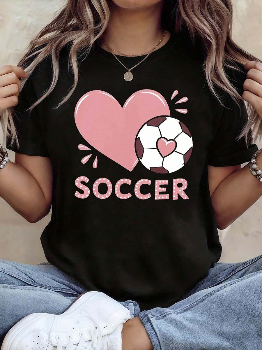 Women's T-Shirt With Heart And Dot Soccer Ball Print, For Watching Matches And Fan Gatherings, Sweet And Cute Style, Short Sleeve, Urban Style T-Shirt For Everyday Wear - Unisex Cotton T-Shirt, Short Sleeve, Round Neck, Vintage Urban Style - 黑色 - 查看 1