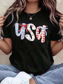 Women's Patriotic T-Shirt With US Flag, Red And Blue Floral Pattern, Fourth Of July Celebration, Independence Day, Casual Summer T-Shirt, 220g - Urban Vintage Style, Unisex, Loose Fit, Cotton, Short Sleeve, Crew Neck, 100% Pure Cotton - 黑色 - 查看 7