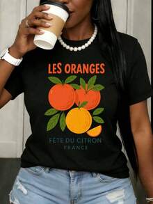 Women's Casual T-Shirt With Citrus Print "Les Oranges Fete Du Citron" France, French Inspired Design, Orange And Lemon Print, Casual Summer Top, Fashion - 黑色 - 查看 7