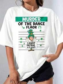 Black And White T-Shirt For Girls, White T-Shirt With Leprechaun Design For St. Patrick's Day, Ideal For Parties And Festivals, Casual Printed T-Shirt For Outdoor Parties, 220g - 黑色 - 查看 5