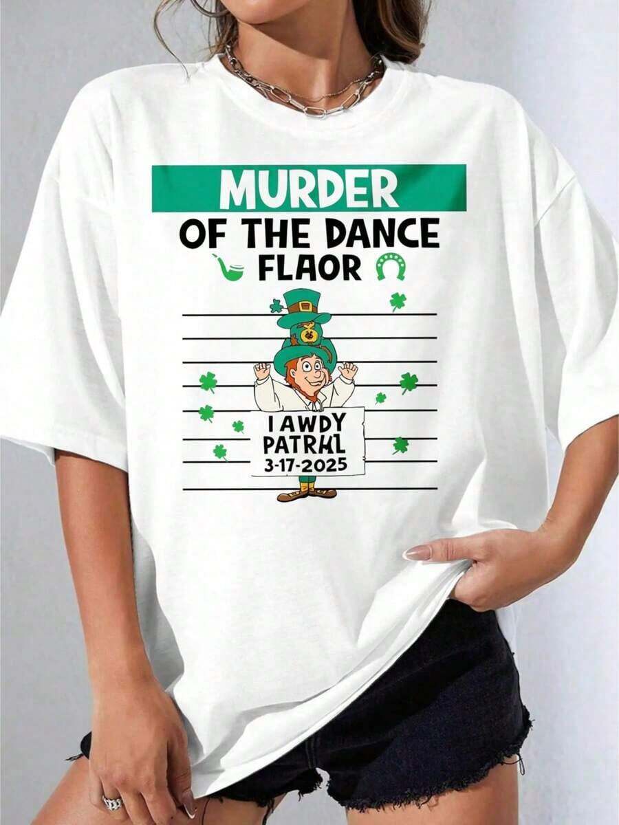 Black And White T-Shirt For Girls, White T-Shirt With Leprechaun Design For St. Patrick's Day, Ideal For Parties And Festivals, Casual Printed T-Shirt For Outdoor Parties, 220g - 白色 - 查看 1
