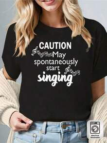 PremiumLoose Large Size T-Shirt, CAUTION May Spontaneously Start Singing "Can Sing At Any Time" Printed With Humorous Warning Slogans For Music Lovers, Black Short-Sleeved Round-Neck Printed T-Shirt -, Suitable For Spring, Summer, And Autumn, Casual Style, Comfortable Fit, Fashionable Design, Versatile For Daily Wear, Soft, StyleGift Idea - 黑色 - 查看 1