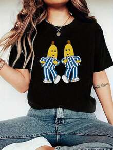 Under The Radar Women's Short Sleeve T-Shirt With Custom Creative Print, Pajama Style, Yellow, Blue, And White Stripes,  And Fashionable, Casual Summer Crew Neck Graphic Print Top, Versatile Casual Top For Women, Essential For Summer Travel And Dates. - Vintage Street Style Unisex Loose Cotton Short Sleeve Crew Neck T-Shirt - 黑色 - 查看 1