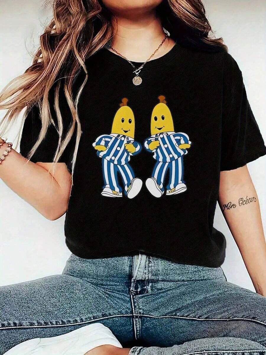 Under The Radar Women's Short Sleeve T-Shirt With Custom Creative Print, Pajama Style, Yellow, Blue, And White Stripes, And Fashionable, Casual Summer Crew Neck Graphic Print Top, Versatile Casual Top For Women, Essential For Summer Travel And Dates. - Vintage Street Style Unisex Loose Cotton Short Sleeve Crew Neck T-Shirt - 黑色 - 查看 1