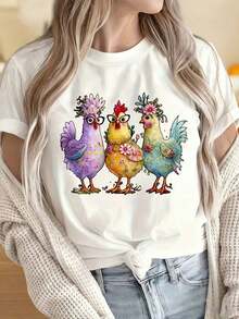 Women's And Men's T-Shirts With Round Neck And Short Sleeves, Colorful Chickens With Flowers T-Shirt, Women's Casual Short Sleeve Top, Spring Summer Fashion Graphic T-Shirt For Fun, Feminine Prints Are Suitable For Christmas, Group Sports, Holiday Activities, Festivals And Sporting Events And Other Holiday Gifts. Cool Summer Clothes For Women - 白色 - 查看 4