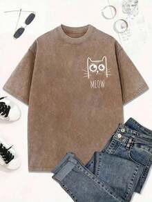 Women's & Men's Women's & Men's Women's & Men's Fun Cat-Themed Print, Washed, High-Quality Vintage Batik Fashion Brand, Popular For Everyday Wear, Perfect Gift For Holidays, Christmas And Thanksgiving. - 咖啡棕 - 查看 1