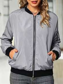 Jaket Ringan Wanita Kasual Musim Semi/Gugur dengan Kerah Baseball dan Resleting - Light Grey - View 7