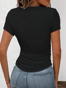 Simple Lines And A Daisy Print In A Fresh And Natural Style - Y2K Style - Women's Casual Fashion Sports T-Shirt, Petite Size, Slim Fit, Solid Color, With Detailed Pleats At The Waist, Pullover Round Neck, Short Sleeves, Suitable For All Four Seasons. - 白色 - 查看 11