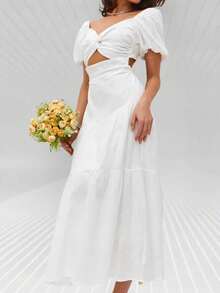 Long White Cotton Dress With Openwork And V-Neck, Spring Summer 2026 - 白色 - 查看 1
