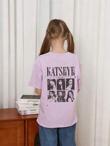 Short-Sleeved T-Shirt With Round Neck And Fun Print For Girls, Summer Top - Mauve Purple - View 2