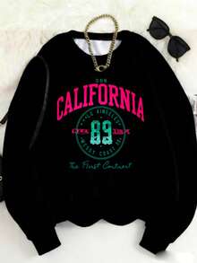 MSUCC|Women's Basic Crew Neck T-Shirt With Print, American Style, Modern And Youthful Design, Suitable For All Seasons And Everyday Wear, With Soft Fabric|Sweatshirt With California Print And Number 89 - Black - View 1