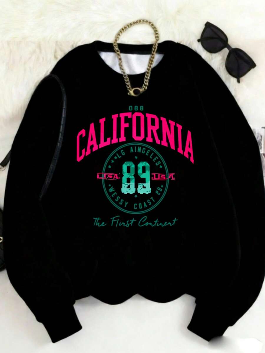 MSUCC|Women's Basic Crew Neck T-Shirt With Print, American Style, Modern And Youthful Design, Suitable For All Seasons And Everyday Wear, With Soft Fabric|Sweatshirt With California Print And Number 89 - Black - View 1