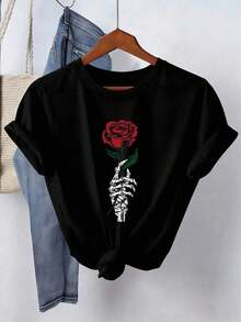 Women's Casual Printed T-Shirt, Black Round Neck With Short Sleeves,  Urban Style For Spring And Summer - 黑色 - 查看 1