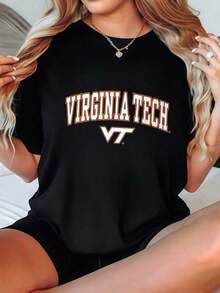 1 Piece Of Women's Virginia Tech Logo Print T-Shirt, Available In Black And White, Casual T-Shirts For Everyday Wear, Summer Tops, Graphic Tees, Women's Summer Sets, Graphic Tees, Women's Crop Tops, Vintage Cotton Tops, Cute And Soft Women's Clothing. - 黑色 - 查看 7