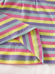 2pcs/Set Girls' Rainbow Striped Polo Dress And Heart Print Handbag Set, Short Sleeve Casual Summer Baby Girl Outfit, Cute And Charming - Multicolor - View 8