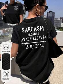 Plus Size Women's Party & Street Magical Quotes And Wand Graphic Round Neck Short Sleeve Casual Retro Black T-Shirt, Summer - Black - View 1